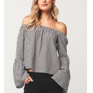 Love, Fire Off-the-Shoulder Gingham Plaid Blouse